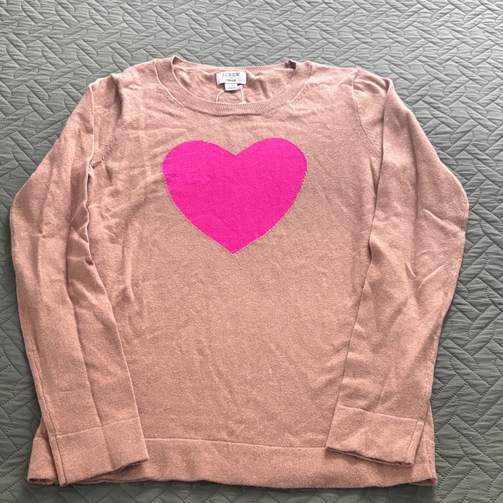 J. Crew Tan Sweater with Vibrant Pink Heart